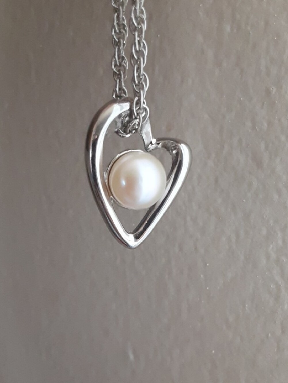 Silver Tone Heart Pendant Necklace with Pearl Bead - Picture 3 of 5